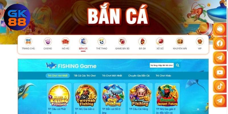 Bắn cá là sảnh game luôn nắm giữ vị thế top đầu được yêu thích tại nhà cái GK88